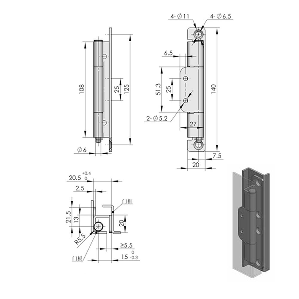 CL186 Stainless Steel Hinge with Electrolytic Finish, 120° Opening