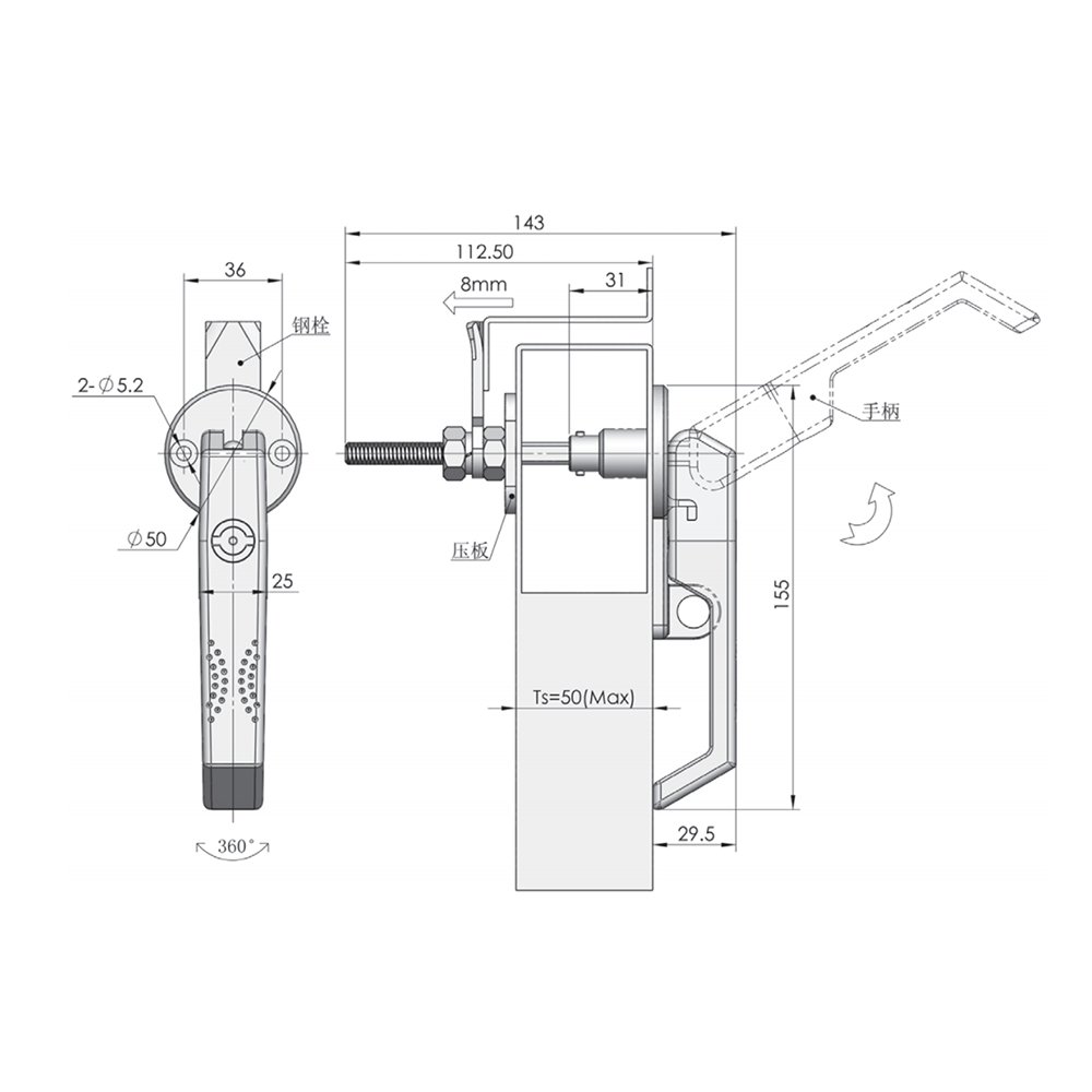 MS859 PA and Zinc Alloy 360-Degree Rotational Compression Handle with Lock Capability