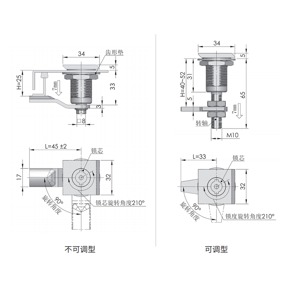 MS817 Series Cam Latches – Zinc Alloy, Adjustable and Fixed Options, 90° Rotation, Black Coating