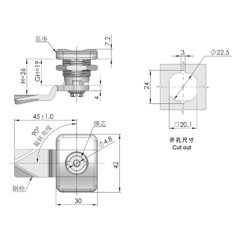 MS705-Q Zinc Alloy 90-Degree Square Handle Lock with Versatile Applications