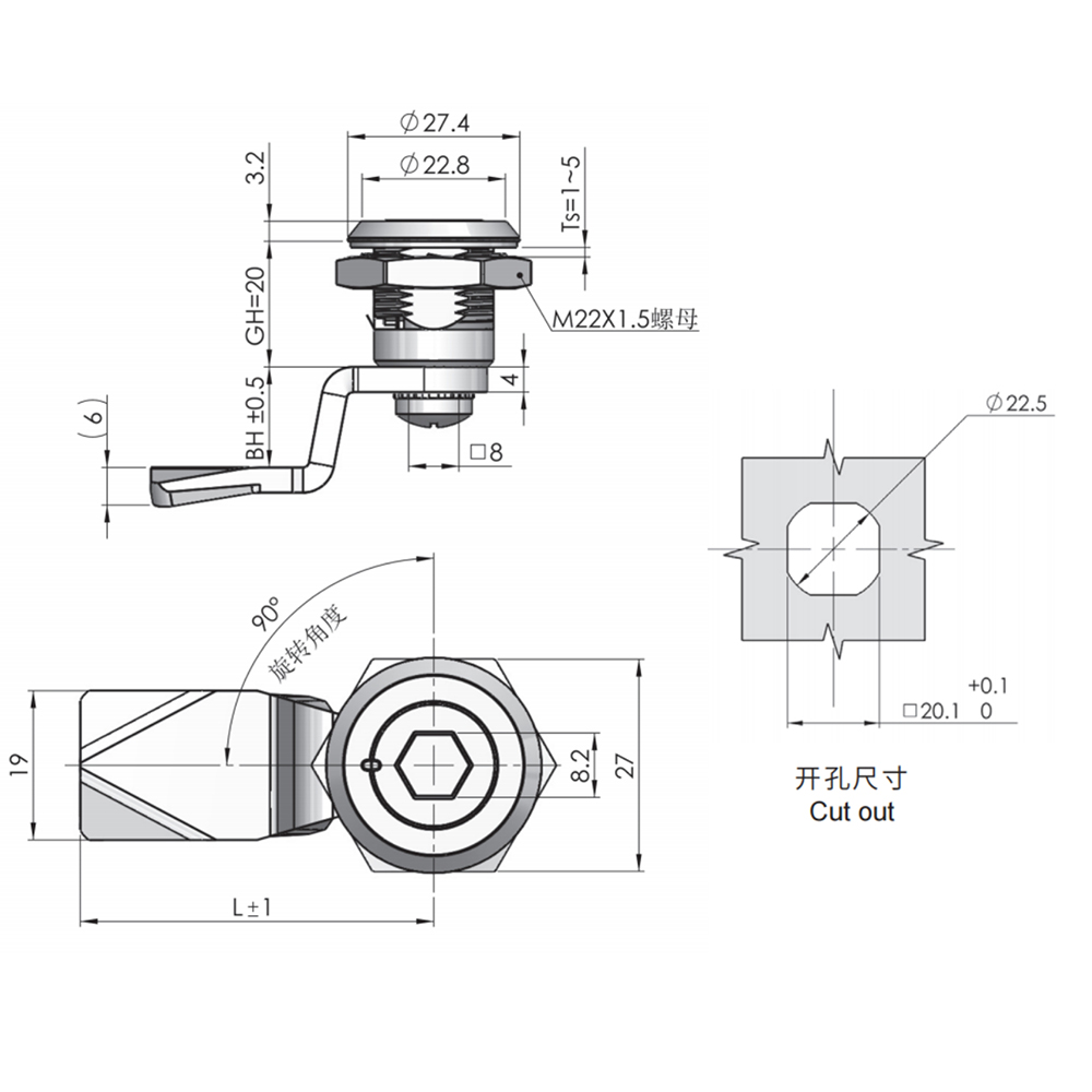 MS705-24G Zinc Alloy 90-Degree Sealing Cam Latch for Industrial Panels