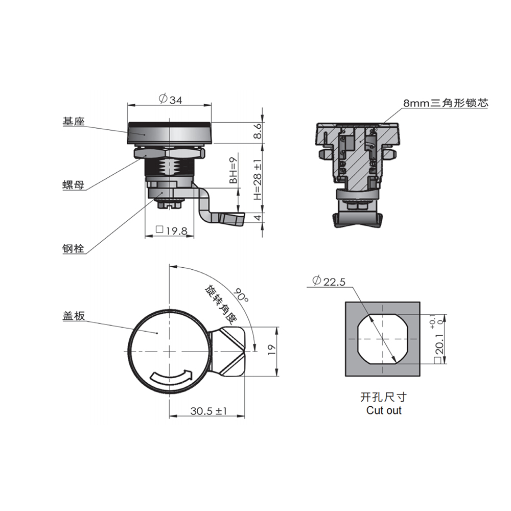 MS758 Cam Lock Series with Cover Plate, 90° Rotation, Zinc Alloy Construction