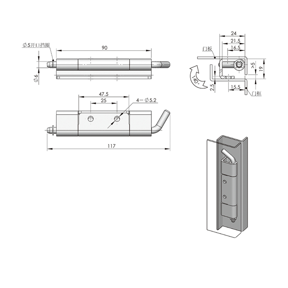 CL283-1/CL283-2/CL283-4/CL283-8 Industrial Hinges - Stainless Steel with 120° to 140° Opening Angles